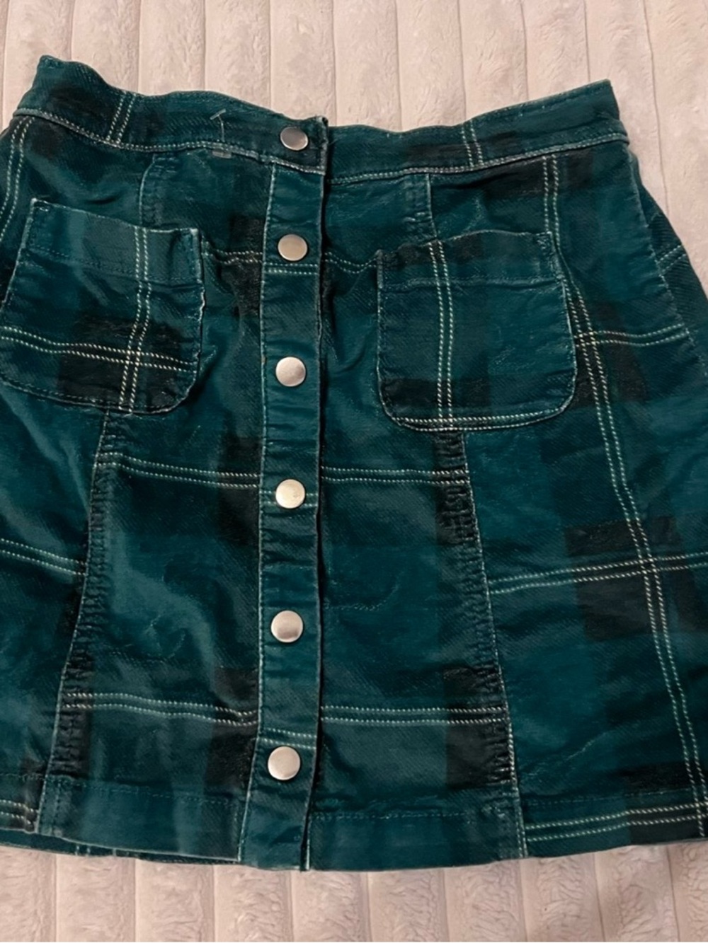 Urban Outfitters Teal Plaid Corduroy Button-Front Mini Skirt